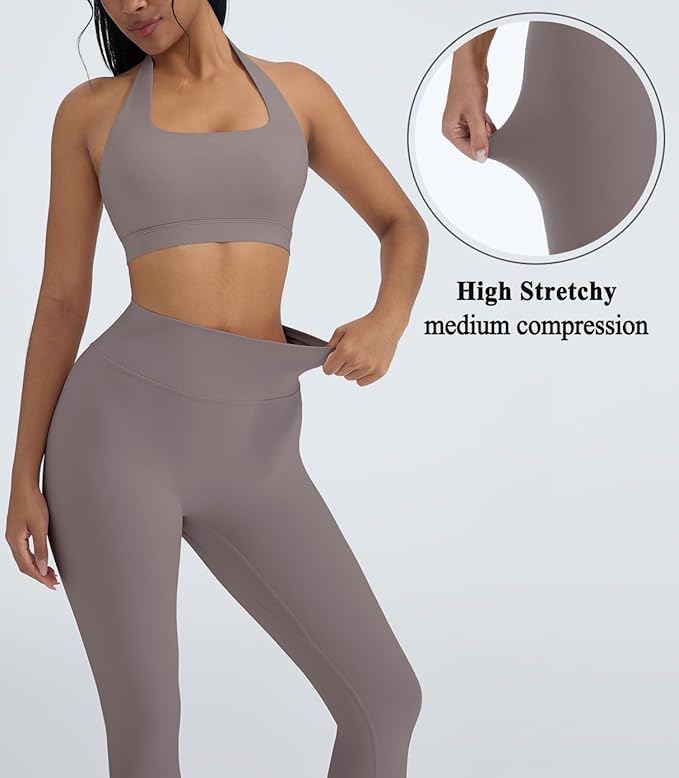 OMKAGI 2 Piece Workout Sets for Women Halter Sports Bras Gym Sets Booty Leggings Outfits