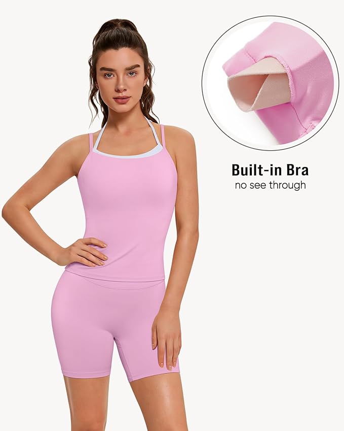 OMKAGI Halter Workout Tank Tops for Women Built in Bra Cute Layer Longline Sports Bras