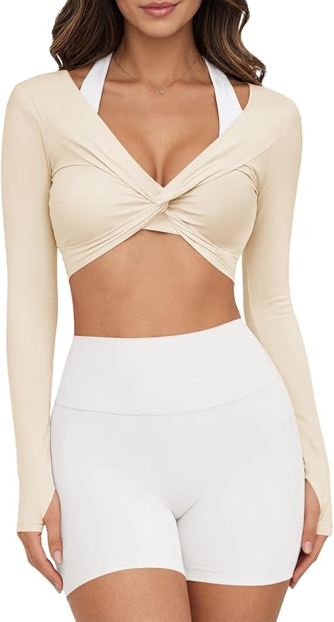 Yousify Womens Long Sleeve Workout Crop Tops Twist Deep V Neck Y2k Yoga Pilates Ballet T Shirt Top with Thumb Holes