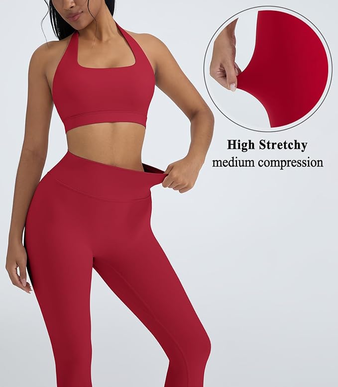 OMKAGI 2 Piece Workout Sets for Women Halter Sports Bras Gym Sets Booty Leggings Outfits