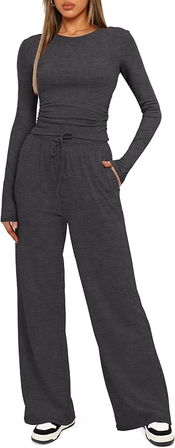 Darong Women's 2 Piece Outfits Lounge Sets 2026 Long Sleeve Tops Wide Leg Pants Casual Matching Set