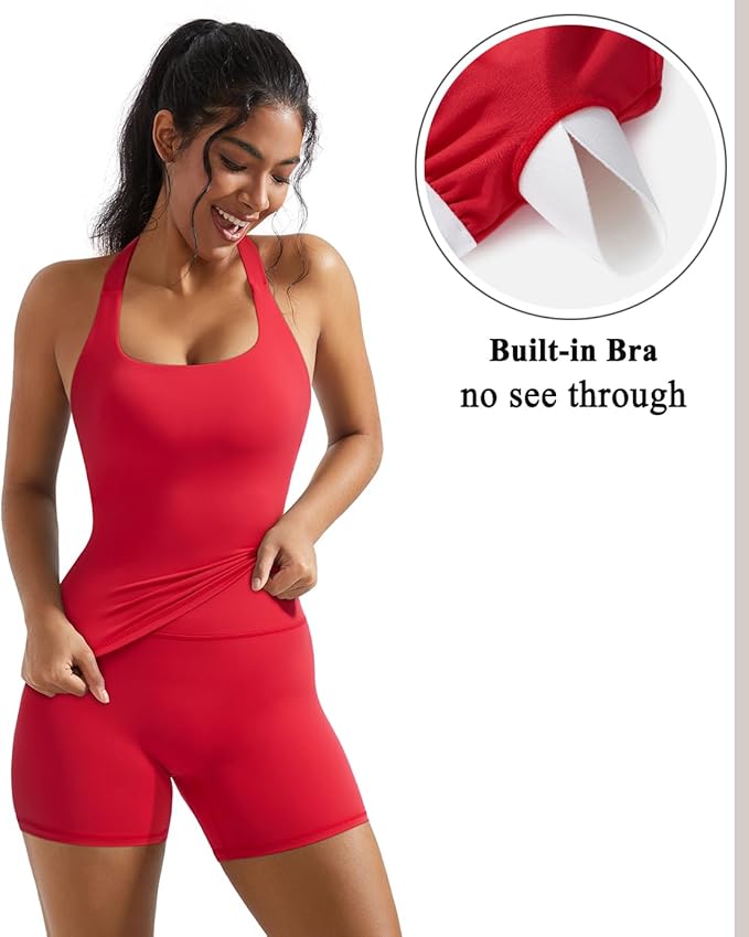 OMKAGI 2 Piece Workout Sets for Women Halter Sports Bra Tank Gym Biker Shorts Outfits