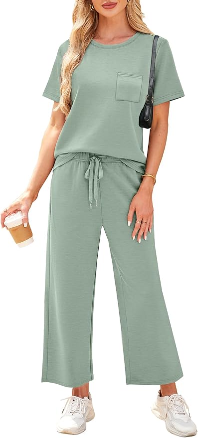 WIHOLL 2 Piece Sets for Women Casual Summer Travel Vacation Outfits Short Sleeve Wide Leg Crop Pants Lounge Sets