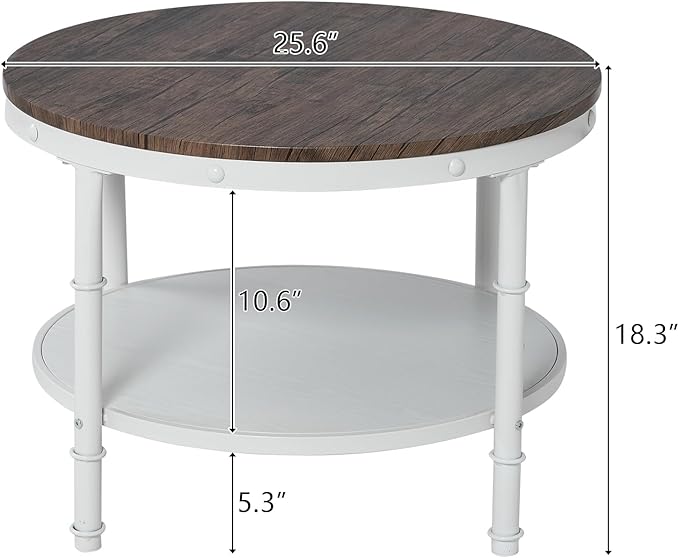 VINGLI 25.6" Dark Walnut White Round Farmhouse Coffee Table, 2-Tier Storage Wood Center Circle Accent Table for Living Room, Bedroom, Apartment, Studio and Small Spaces, Sturdy Metal Frame