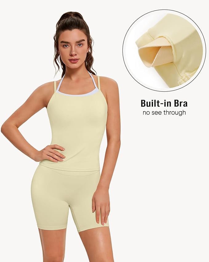 OMKAGI Halter Workout Tank Tops for Women Built in Bra Cute Layer Longline Sports Bras
