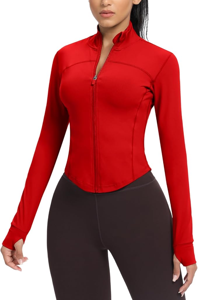 AVGO Women's Cropped Running Workout Jackets Zip Slim Fit Athletic Tops with Thumb Holes