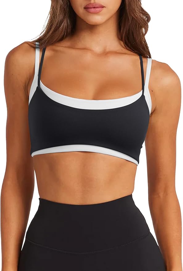 LASLULU Womens Double Layered Sports Bra Adjustable Spaghetti Straps Sexy Scoop Neck Wireless Padded Workout Yoga Crop Tops