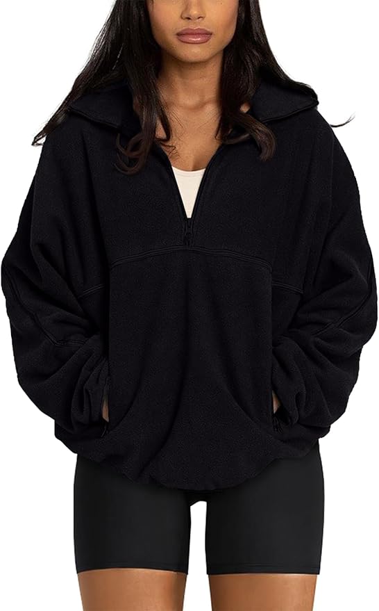 LASLULU Womens Half Zip Pullover Sweatshirt Sherpa Fleece Jacket Oversized Sweatshirts Warm Fuzzy Sweaters Pockets
