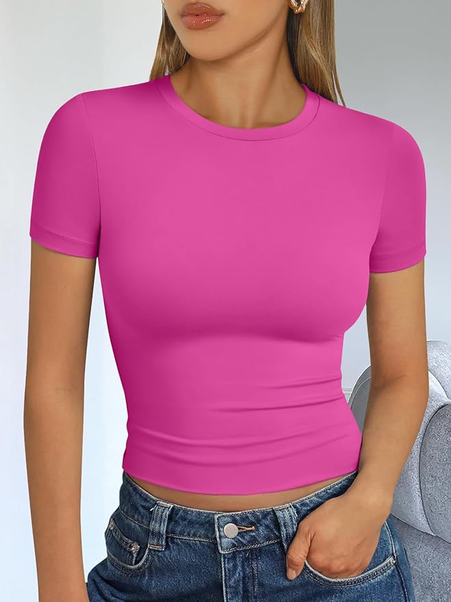 Trendy Queen Womens Short Sleeve T Shirts - Buttery Soft Summer Crop Tops Slim Fit Y2k Basic Tees for Workout