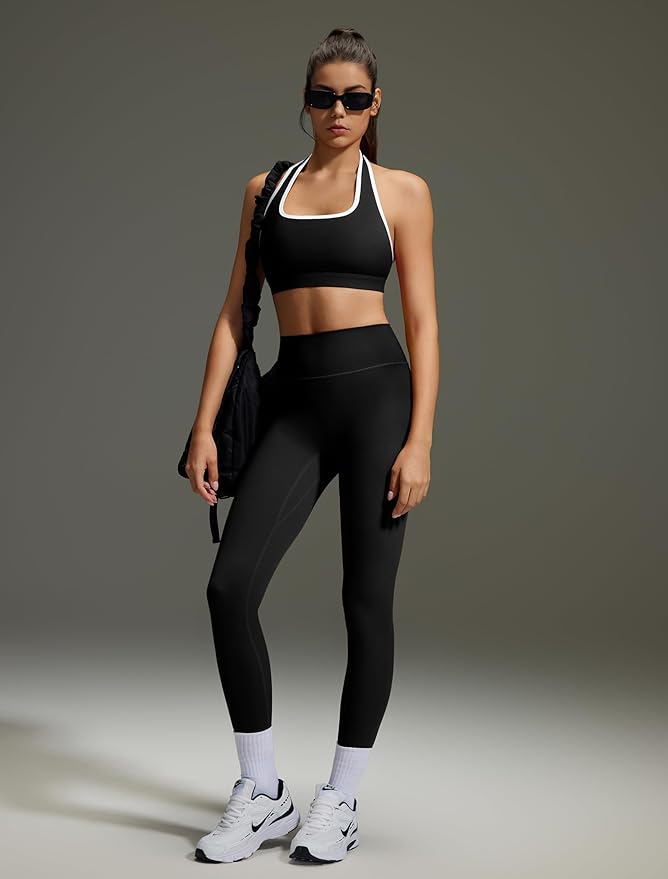 OMKAGI 2 Piece Workout Sets for Women Halter Sports Bras Gym Sets Booty Leggings Outfits