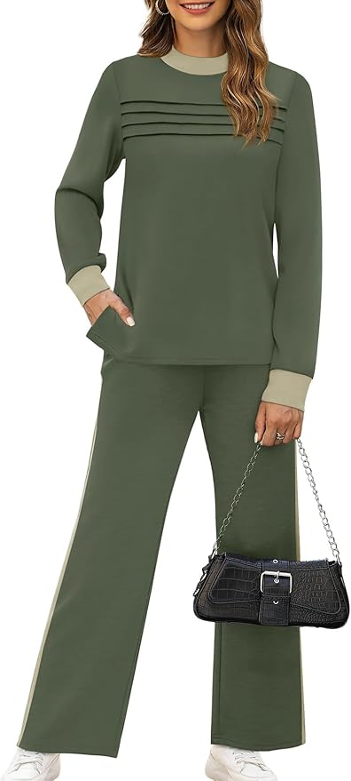 WIHOLL Two Piece Sets for Women Spring Travel Vacation Outfits 2026 Long Sleeve Lounge Sets Side Slit Wide Leg Pants S-3XL