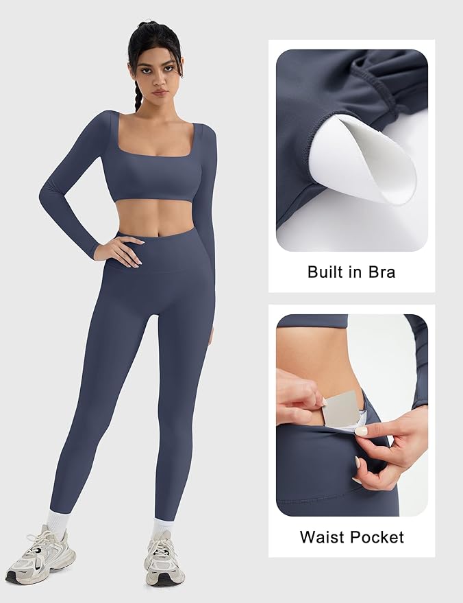 SUUKSESS Women 2 Piece Workout Sets Compression Tummy Control Leggings with Pockets Long Sleeve Square Neck Padded Crop Tops