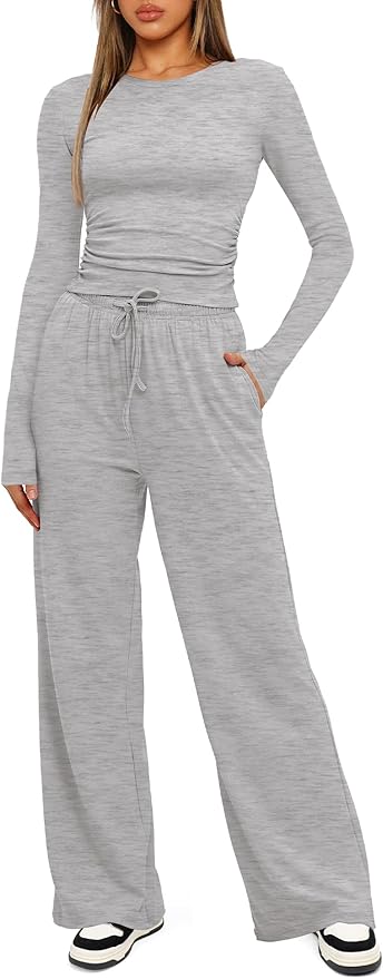 Darong Women's 2 Piece Outfits Lounge Sets 2026 Long Sleeve Tops Wide Leg Pants Casual Matching Set
