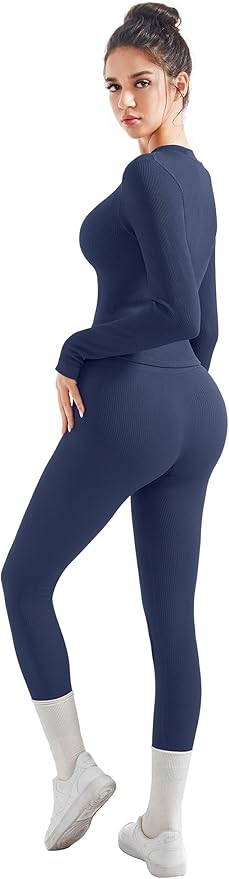 SUUKSESS Women 2 Piece Seamless Ribbed Workout Sets With Zip Up Jacket High Waisted Gym Yoga Leggings