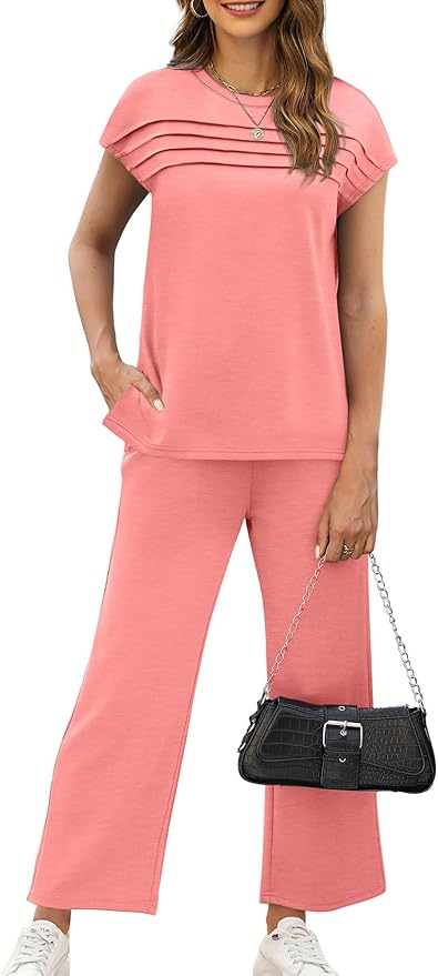 WIHOLL Two Piece Sets for Women Summer Spring Travel Vacation Outfits Cap Sleeve Lounge Matching Sets Wide Leg Pants S-3XL
