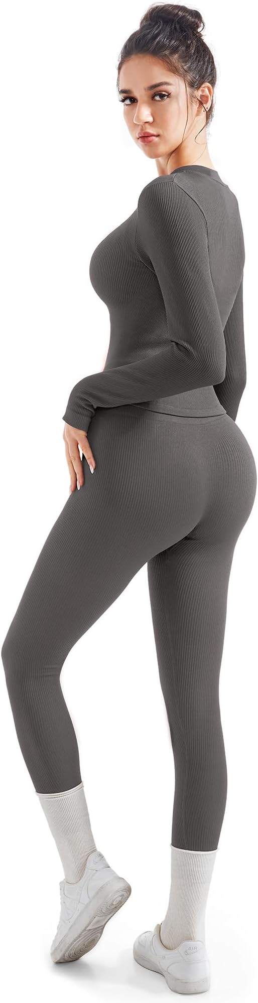 SUUKSESS Women 2 Piece Seamless Ribbed Workout Sets With Zip Up Jacket High Waisted Gym Yoga Leggings