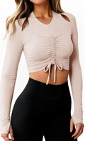 Fisoew Womens Long Sleeve Ruched Tops Workout Slim Fit Cropped Drawstring Shirts Gym Yoga Outfits