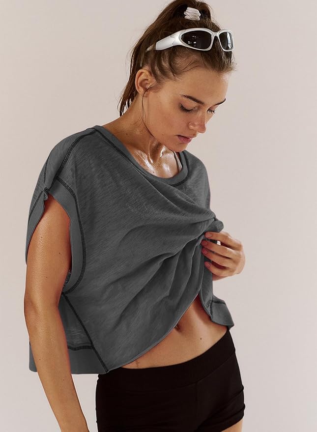 Kumufenc Women Short Sleeve Workout Shirts Open Back Tops Casual Yoga Y2k Athletic Gym Slouchy Crop Running Tees