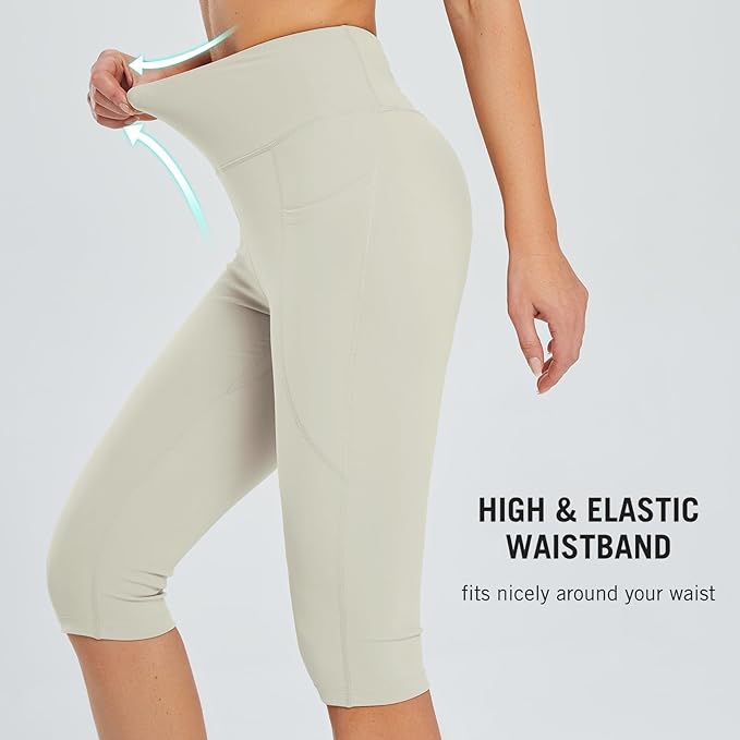 baleaf Women's Capri Leggings with Pockets High Waisted Knee Length Capris Stretch for Casual Yoga Pants Workout Exercise