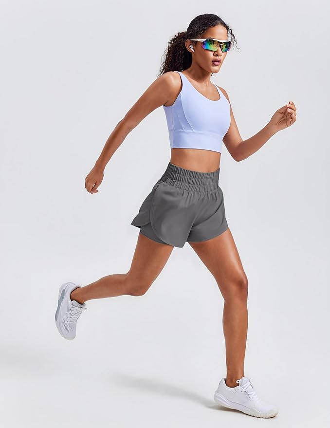 PINSPARK Women's 2 in 1 Running Shorts High-Split Athletic Short High Waisted 3" Liner Workout Gym Short with Pockets
