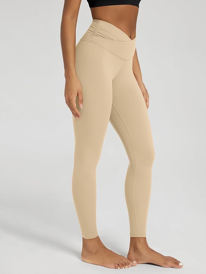 ODODOS Women's Cross Waist Yoga Leggings with Inner Pocket, 23"/25"/28" Gathered Crossover Workout Yoga Pants