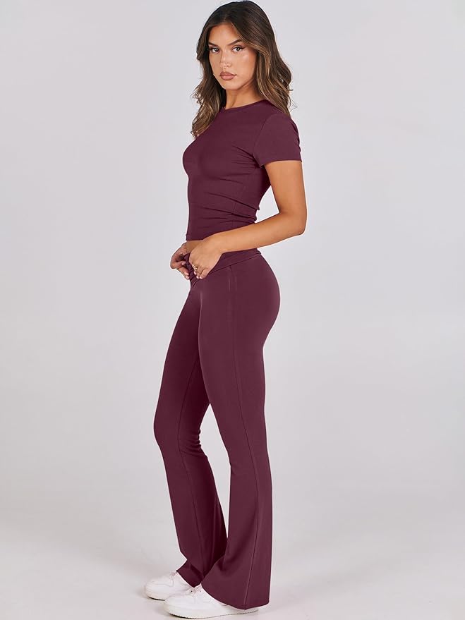 ANRABESS Lounge Sets for Women 2 Piece Foldover Yoga Flare Leggings Pants Crop Tops Casual Y2K Outfits Matching Tracksuit Set