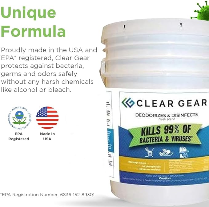 Clear Gear Disinfectant Spray, Mat Cleaner, and Deodorizer For Surfaces, Equipment, Protective Gear and Facilities - Hospital Grade Disinfectant - 5 Gallon Bulk Gym Cleaning Supplies