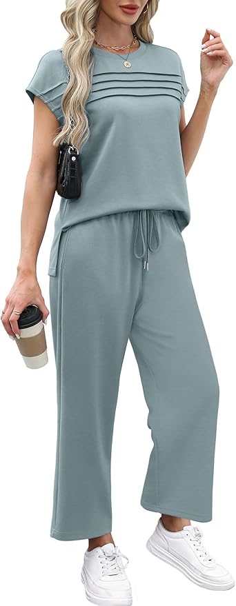 WIHOLL Two Piece Sets for Women Summer Spring Travel Vacation Outfits Cap Sleeve Lounge Matching Sets Wide Leg Pants S-3XL