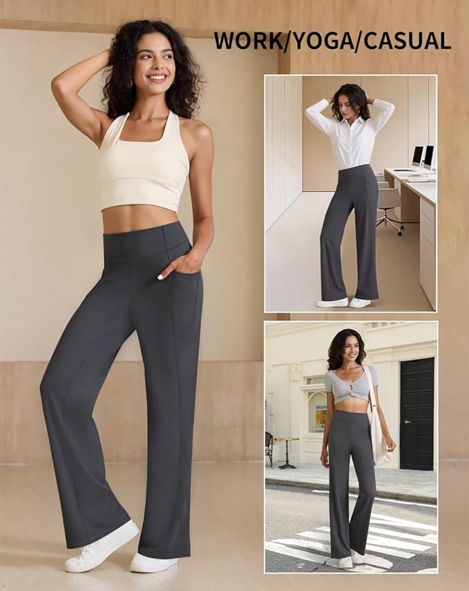 Womens High Waist Yoga Pants Stretchy Casual Trousers Straight Leg Pull On Side Pockets