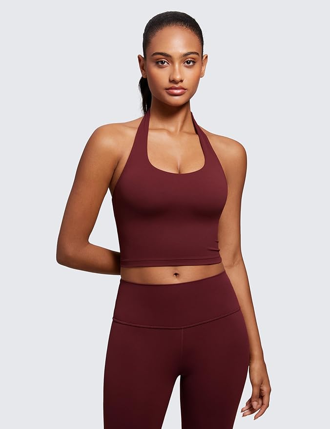 CRZ YOGA Butterluxe Halter Crop Tank Tops for Women - Open Back Padded Longline Sports Bras Workout Gym