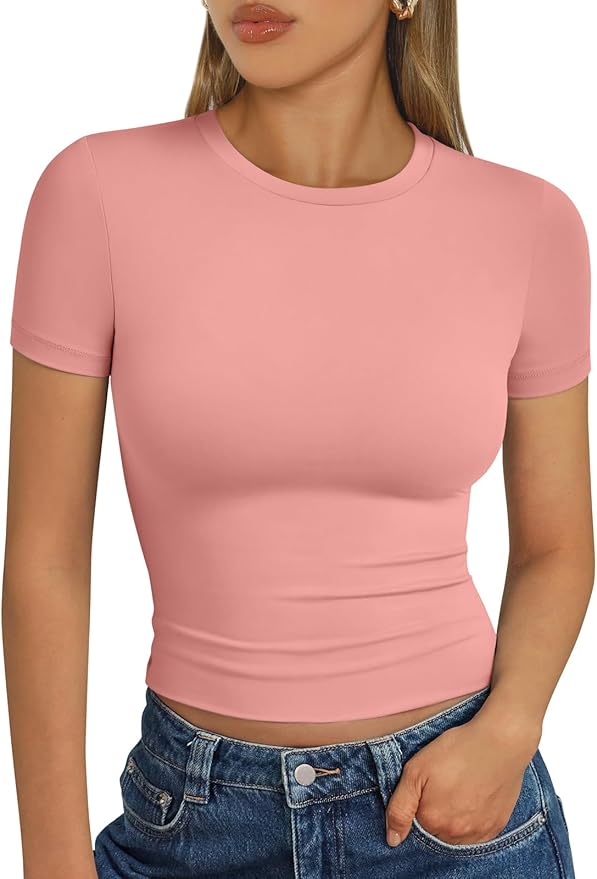 Trendy Queen Womens Short Sleeve T Shirts - Buttery Soft Summer Crop Tops Slim Fit Y2k Basic Tees for Workout