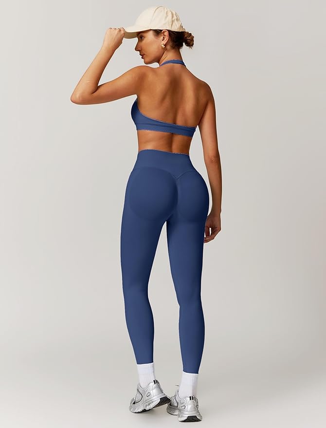 ABOCIW Workout Sets for Women Seamless Scunch Butt Lifting Impact Leggings Halter Sports Bra 2 Piece Gym Outfits