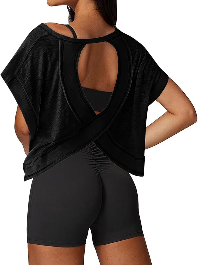 UNIANKIYA Open Back Workout Tops for Women Loose Fit Athletic Crop Tee Short Sleeve Gym Running Yoga Shirt