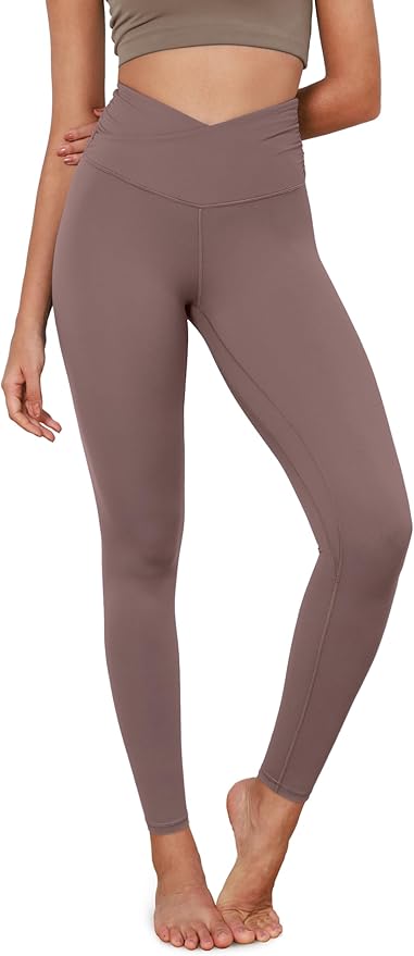 ODODOS Women's Cross Waist Yoga Leggings with Inner Pocket, 23"/25"/28" Gathered Crossover Workout Yoga Pants