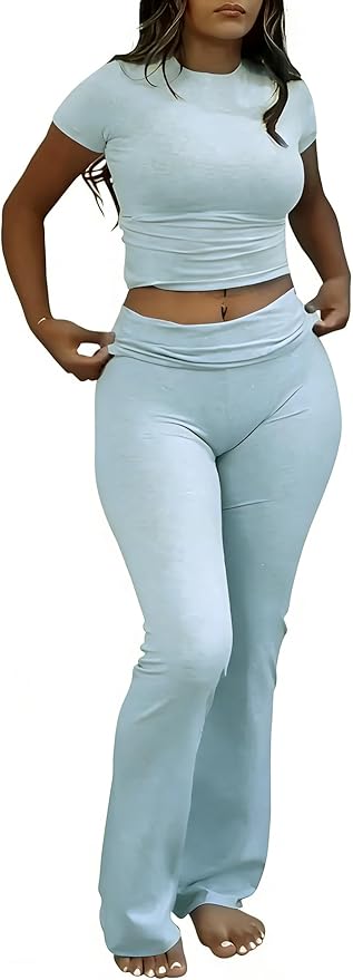 YETOWA Women's 2 Piece Lounge Outfits Slim Short Sleeve Tops Low Rise Flare Leggings Sets Yoga Sweatsuit