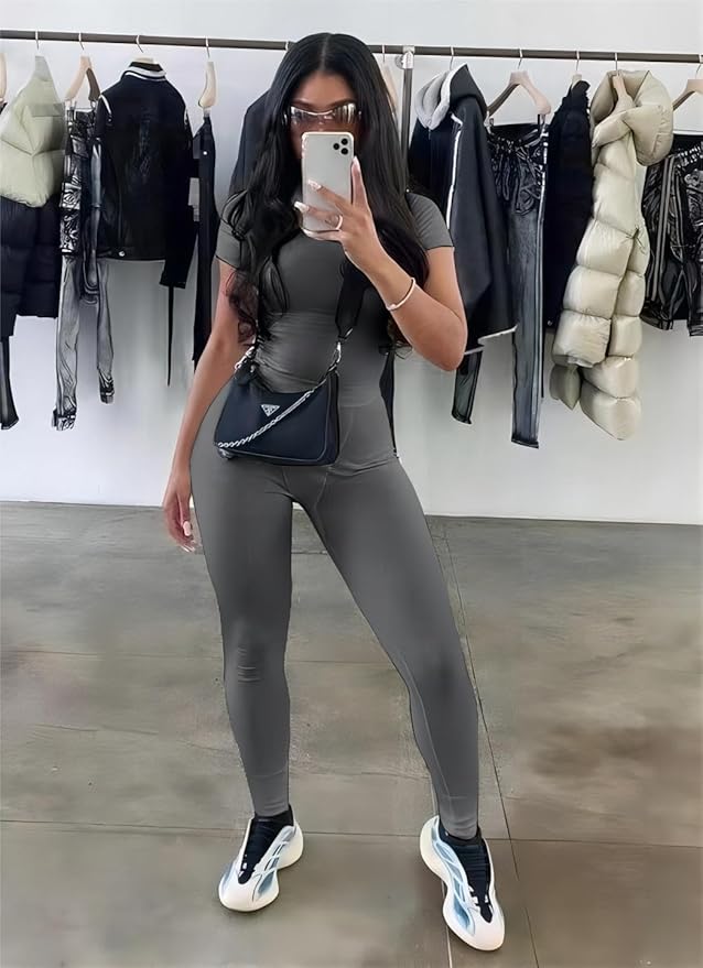 AYWA Two Piece Outfits for Women Fitted Crew Neck T-shirt High Waist Leggings Biker Shorts Matching Sets Streetwear