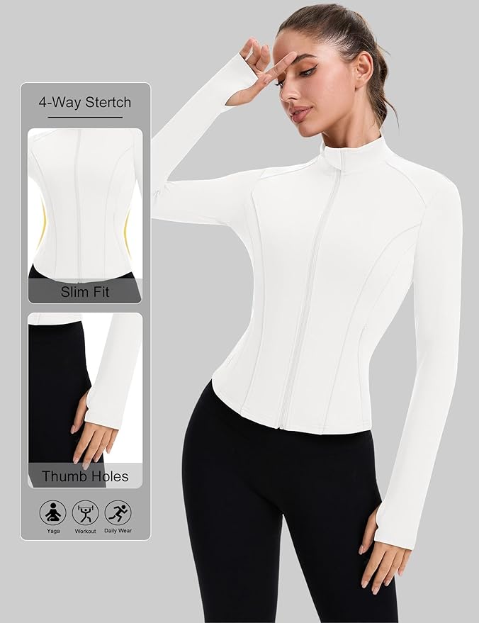 ZHENWEI Workout Jackets for Women Full Zip Up Cropped Athletic Long Sleeve Lightweight Slim Fit Running Tops with Pockets