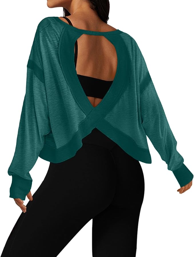 UNIANKIYA Open Back Workout Tops for Women Long Sleeve Cropped Athletic Clothes Gym Running Yoga Low Impact Sports T Shirts
