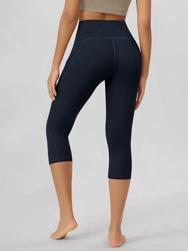ODODOS Women's High Waisted Yoga Capris with Pockets, Tummy Control Non See Through Workout Athletic Running Capri Leggings