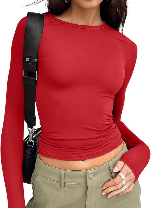 Trendy Queen Womens Long Sleeve T Shirts Fall Fashion 2026 Basic Crop Tops Going Out Outfits Y2k Clothes
