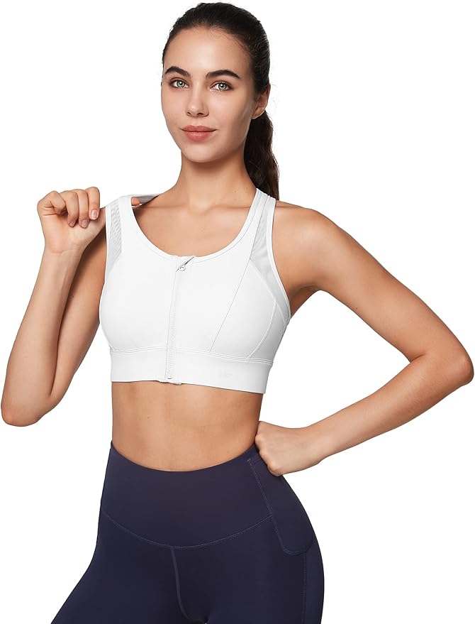 Yvette High Impact Zip Front Sports Bra Mesh Racerback Workout High Support Sports Bras for Women Large Breasts