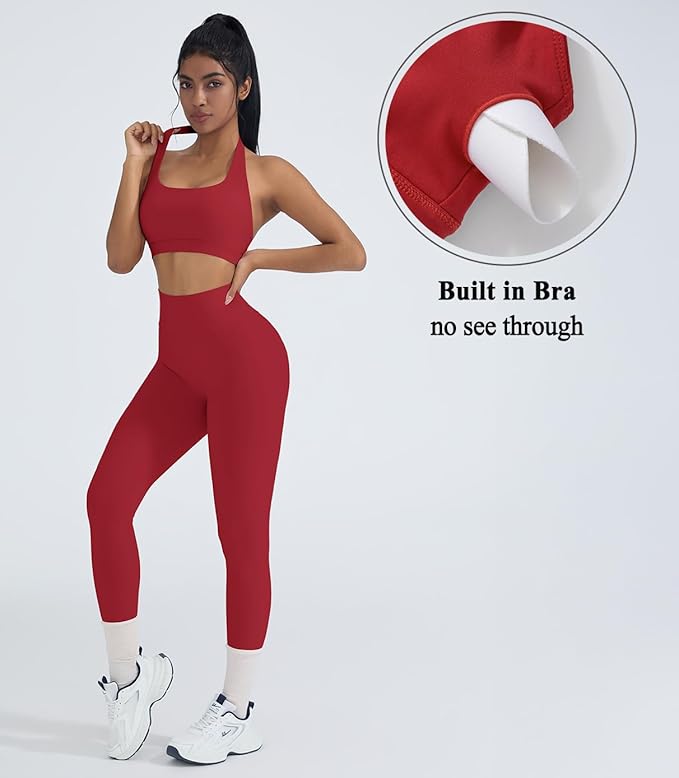 OMKAGI 2 Piece Workout Sets for Women Halter Sports Bras Gym Sets Booty Leggings Outfits