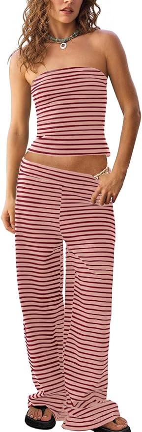 Tankaneo Womens Striped 2 Piece Sets Summer Strapless Crop Tube Tops Wide Leg Pants Matching Lounge Set Vacation Outfits