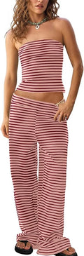 Tankaneo Womens Striped 2 Piece Sets Summer Strapless Crop Tube Tops Wide Leg Pants Matching Lounge Set Vacation Outfits