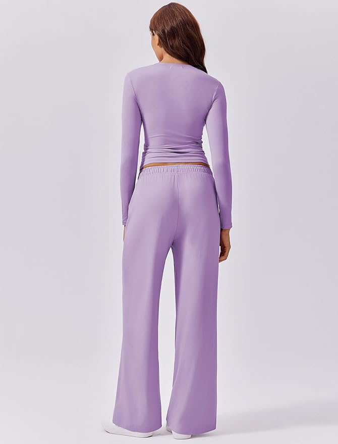 PINSPARK Women 2 Piece Lounge Set Long Sleeve Cropped Top Wide Leg Pants with Pockets 2024 Fall Outfits Matching Tracksuit