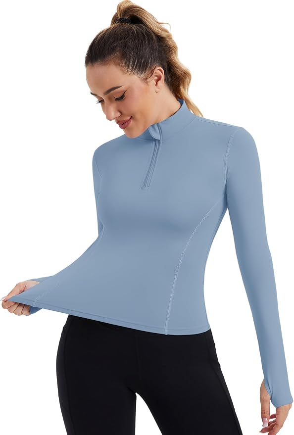 ZHENWEI Womens Workout Tops Long Sleeve Quarter Zip Pullover Quick Dry Golf Shirt Athletic Slim Fit Crop Yoga Gym Tops