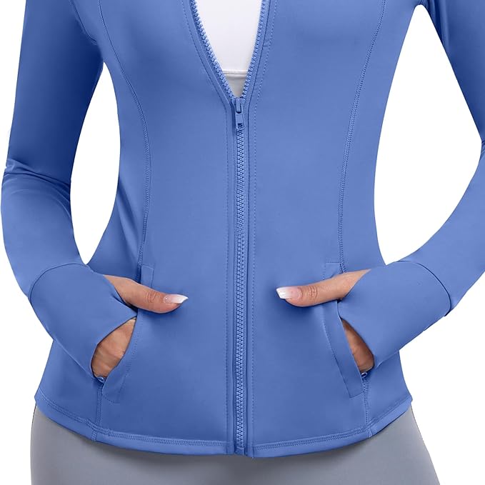 Women's Athletic Full Zip Lightweight Workout Jacket With Pockets Running Slim Fit Yoga Sportwear With Thumb Holes