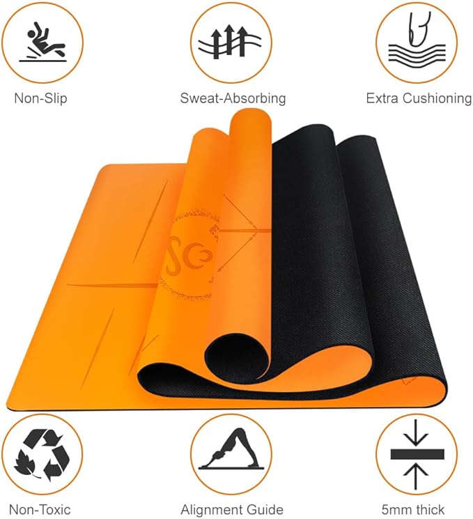 Natural Rubber Yoga Mat - Non Slip Non Toxic - 5mm Thick Yoga Mat for Hot Yoga/Pilates - Extra Large 26.8’’ with Alignment Guide - Sweat Proof - with Carrying Bag
