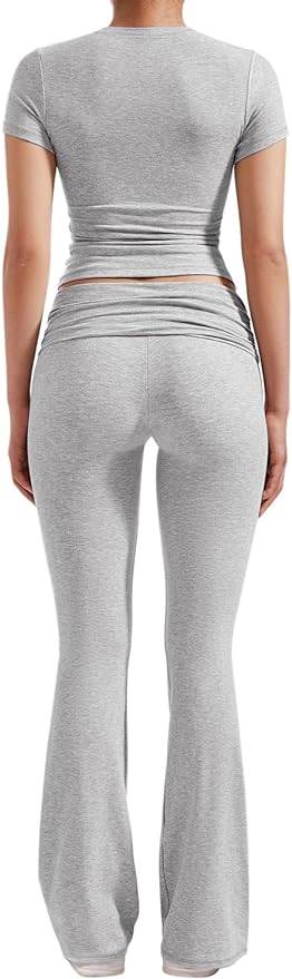 YETOWA Women's 2 Piece Lounge Outfits Slim Short Sleeve Tops Low Rise Flare Leggings Sets Yoga Sweatsuit