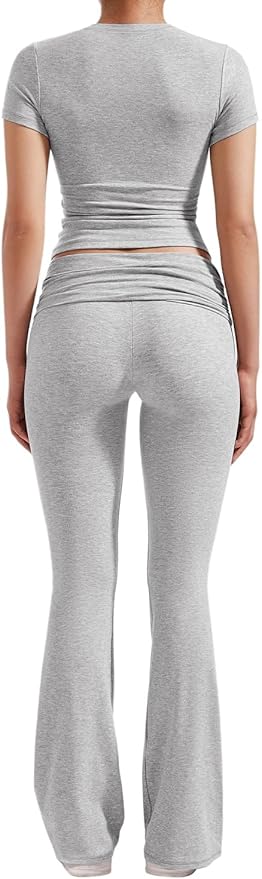 YETOWA Women's 2 Piece Lounge Outfits Slim Short Sleeve Tops Low Rise Flare Leggings Sets Yoga Sweatsuit